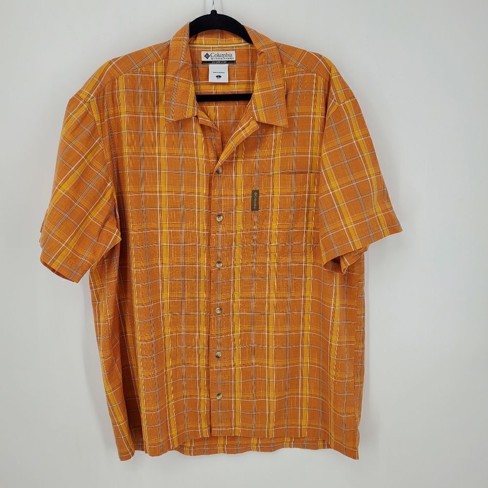 Columbia Tangerine Plaid Button Down Casual Dress Shirt Size Large
